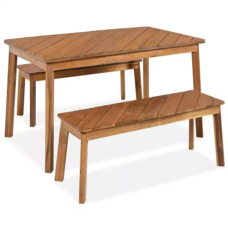 3pc Outdoor Patio Acacia Wood Table Bench Dining Set, Picnic Beer Table With 2 Benches 4A, Natural -ModernLuxe