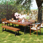 7-Piece Acacia Wood Outdoor Dining Set with Removable Cushions, Patio Furniture Set with Ergonomic Chairs and Bench For 7-8 Person 4W - ModernLuxe