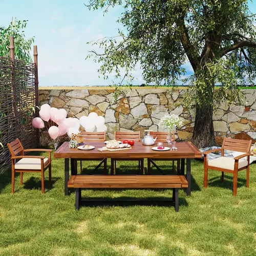 7-teilige Garten-Essgruppe aus Akazienholz mit abnehmbaren Polstern, Gartenmöbelgruppe mit ergonomischen Stühlen und Sitzbank für 7-8 Personen 4W - ModernLuxe