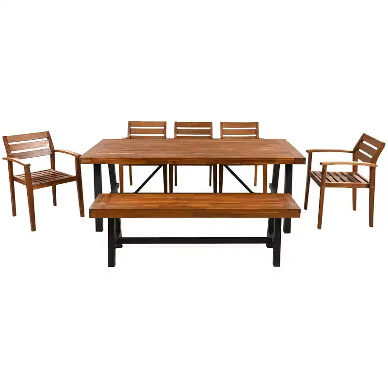 7-Piece Acacia Wood Outdoor Dining Set with Removable Cushions, Patio Furniture Set with Ergonomic Chairs and Bench For 7-8 Person 4W - ModernLuxe