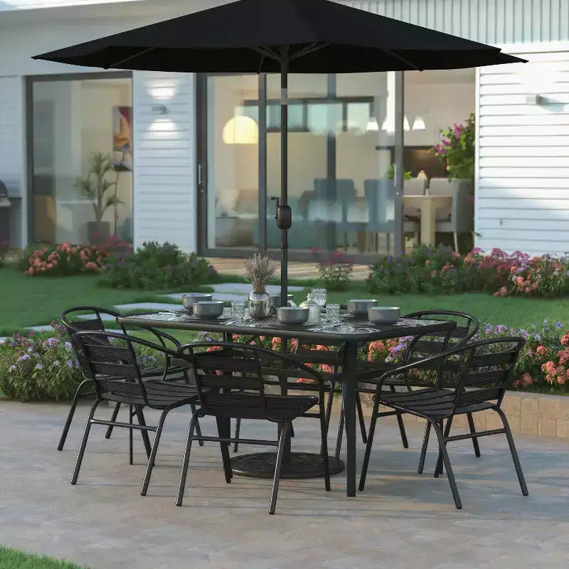 Emma and Oliver 7-Piece Patio Dining Table and Chairs Set with 60 Tempered Glass Top Table, 6 Stack Triple Slat Chairs in Black