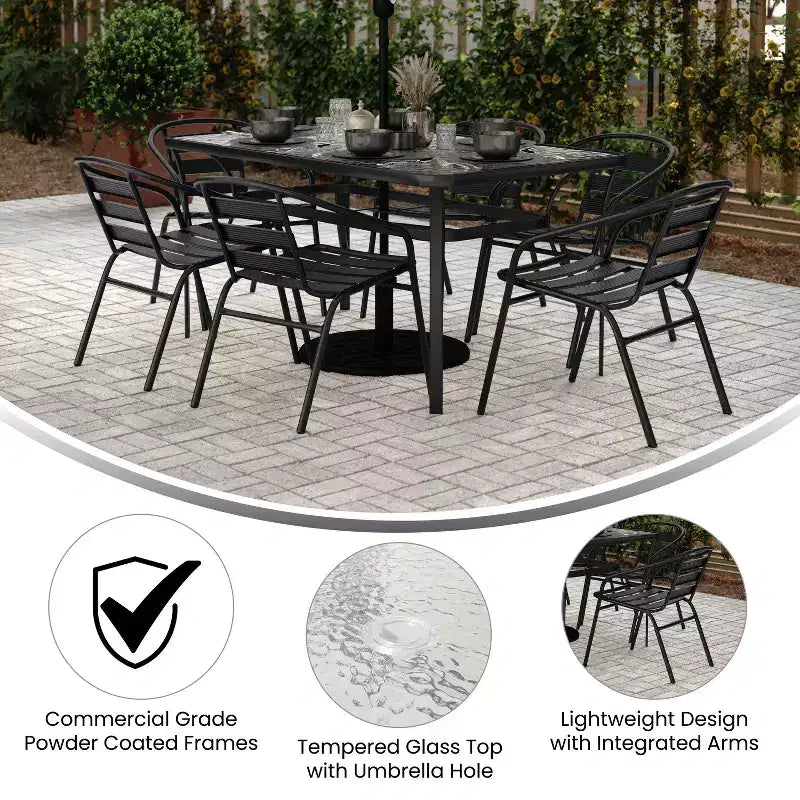 Emma and Oliver 7-Piece Patio Dining Table and Chairs Set with 60 Tempered Glass Top Table, 6 Stack Triple Slat Chairs in Black