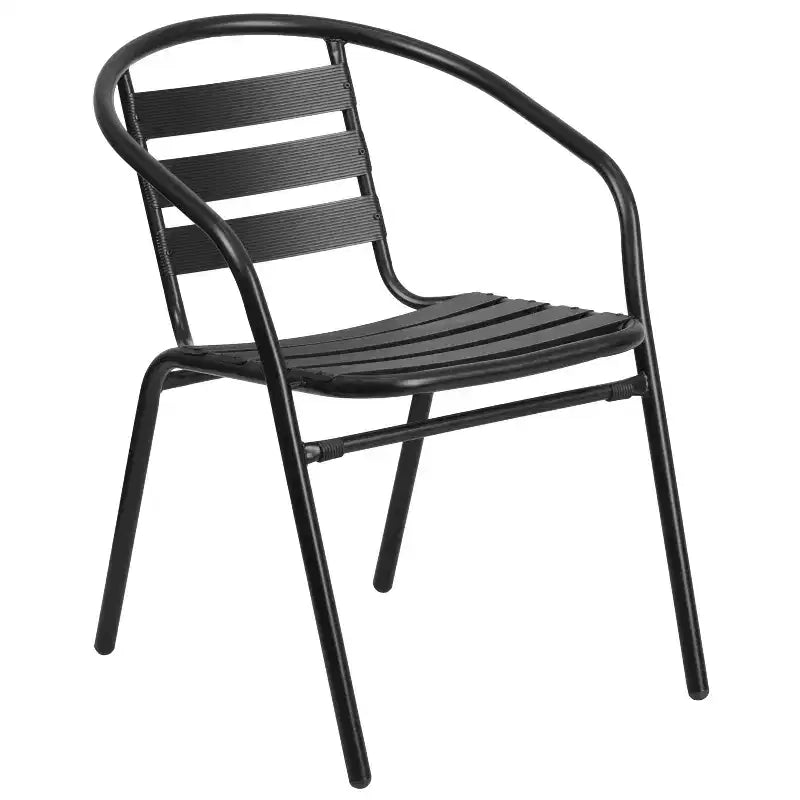 Emma and Oliver 7-Piece Patio Dining Table and Chairs Set with 60 Tempered Glass Top Table, 6 Stack Triple Slat Chairs in Black