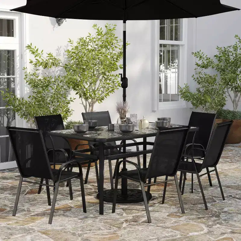 Merrick Lane 7 Piece Outdoor Dining Table Set for 6 with Glass-Top Patio Table and 6 Stack Chairs with Flex Comfort Material
