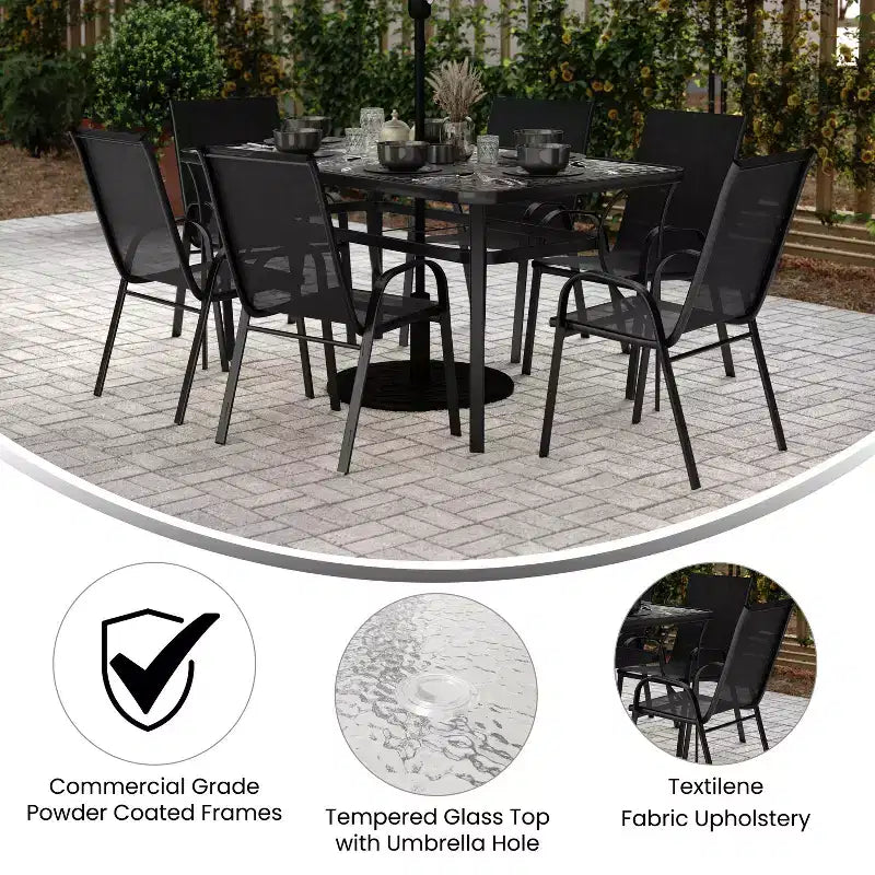 Merrick Lane 7 Piece Outdoor Dining Table Set for 6 with Glass-Top Patio Table and 6 Stack Chairs with Flex Comfort Material