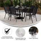 Merrick Lane 7 Piece Outdoor Dining Table Set for 6 with Glass-Top Patio Table and 6 Stack Chairs with Flex Comfort Material