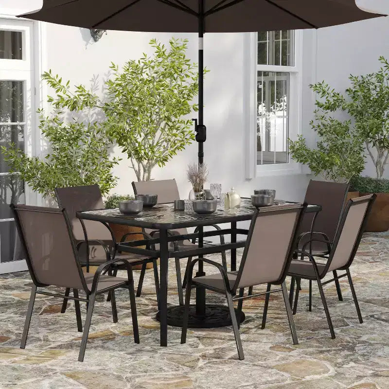 Merrick Lane 7 Piece Outdoor Dining Table Set for 6 with Glass-Top Patio Table and 6 Stack Chairs with Flex Comfort Material
