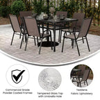 Merrick Lane 7 Piece Outdoor Dining Table Set for 6 with Glass-Top Patio Table and 6 Stack Chairs with Flex Comfort Material
