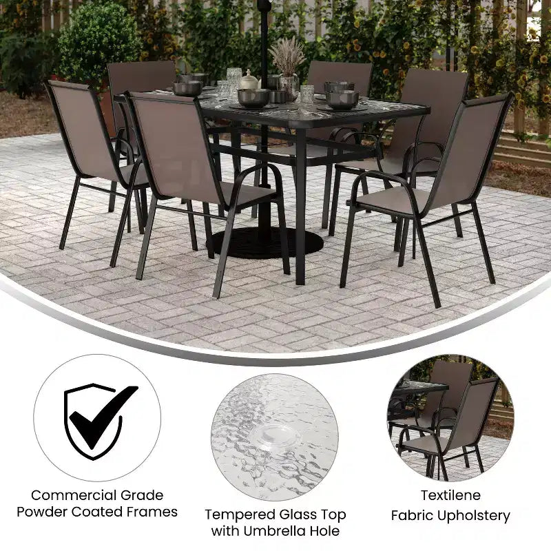 Merrick Lane 7 Piece Outdoor Dining Table Set for 6 with Glass-Top Patio Table and 6 Stack Chairs with Flex Comfort Material