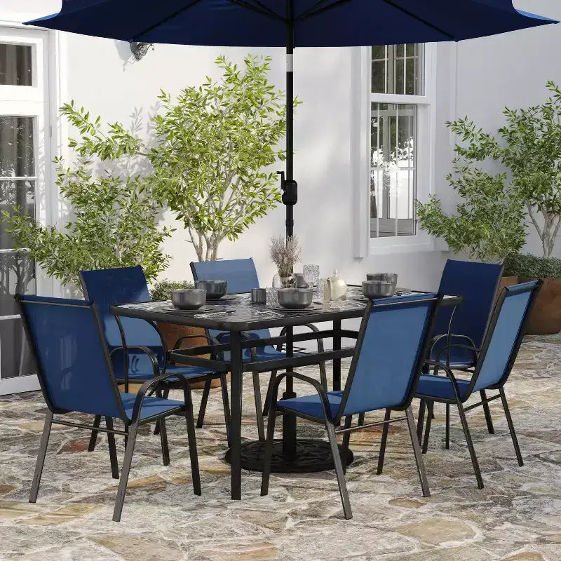 Merrick Lane 7 Piece Outdoor Dining Table Set for 6 with Glass-Top Patio Table and 6 Stack Chairs with Flex Comfort Material