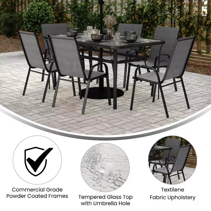 Merrick Lane 7 Piece Outdoor Dining Table Set for 6 with Glass-Top Patio Table and 6 Stack Chairs with Flex Comfort Material