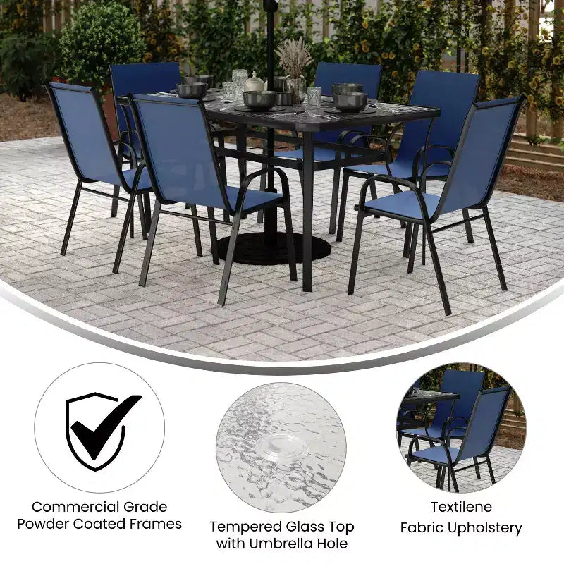 Merrick Lane 7 Piece Outdoor Dining Table Set for 6 with Glass-Top Patio Table and 6 Stack Chairs with Flex Comfort Material
