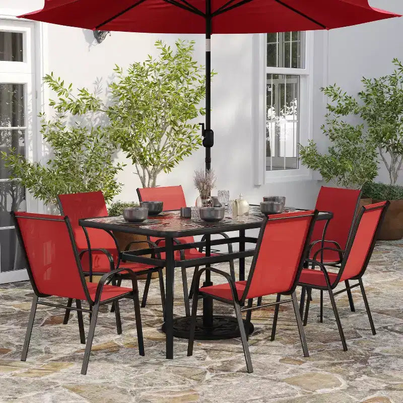 Merrick Lane 7 Piece Outdoor Dining Table Set for 6 with Glass-Top Patio Table and 6 Stack Chairs with Flex Comfort Material