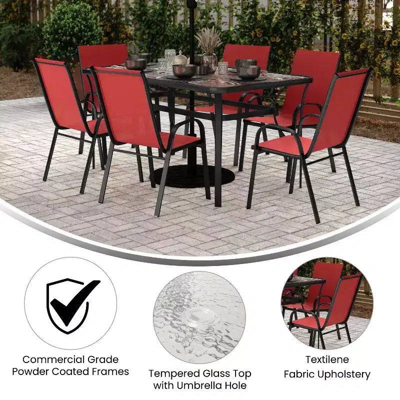 Merrick Lane 7 Piece Outdoor Dining Table Set for 6 with Glass-Top Patio Table and 6 Stack Chairs with Flex Comfort Material