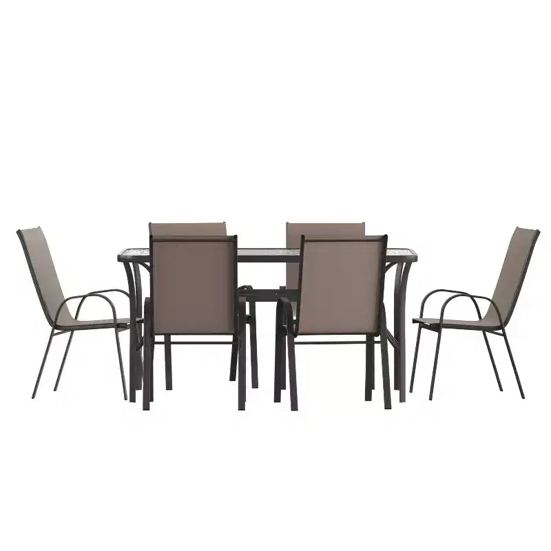 Merrick Lane 7-teilige Gartentischgruppe für 6 Personen mit Terrassentisch mit Glasplatte und 6 stapelbaren Stühlen mit Flex-Komfort-Material