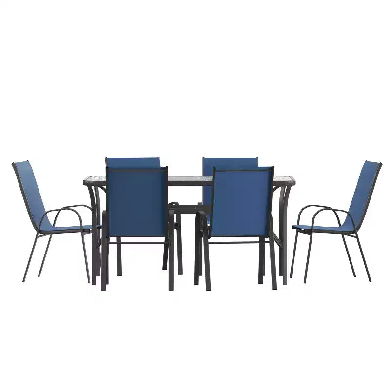 Merrick Lane 7-teilige Gartentischgruppe für 6 Personen mit Terrassentisch mit Glasplatte und 6 stapelbaren Stühlen mit Flex-Komfort-Material