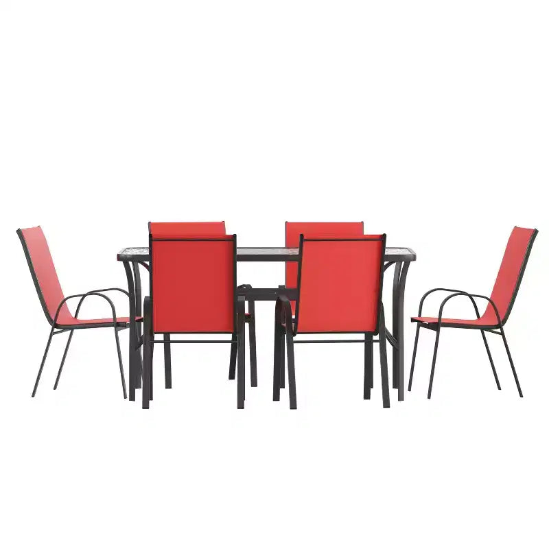 Merrick Lane 7-teilige Gartentischgruppe für 6 Personen mit Terrassentisch mit Glasplatte und 6 stapelbaren Stühlen mit Flex-Komfort-Material