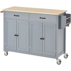 Carrello isola da cucina essenziale in MDF con piano in legno massello, ruote bloccabili e portaspezie