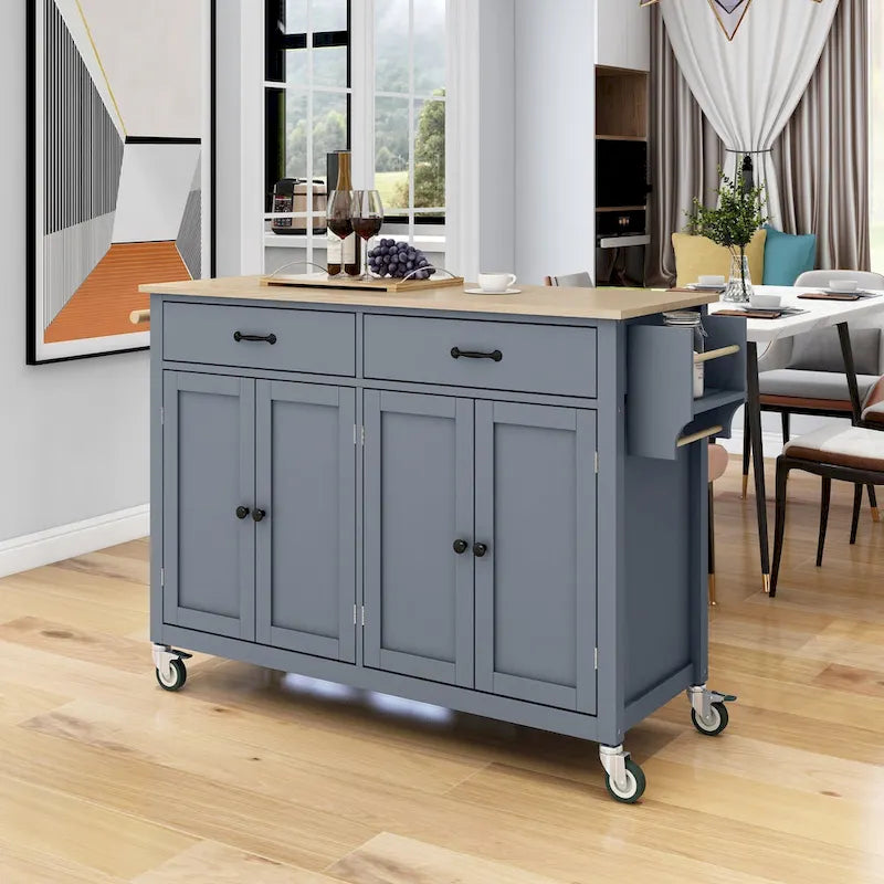 Essential MDF Kitchen Island Cart with Solid Wood Top, Locking Wheels, and Spice Rack