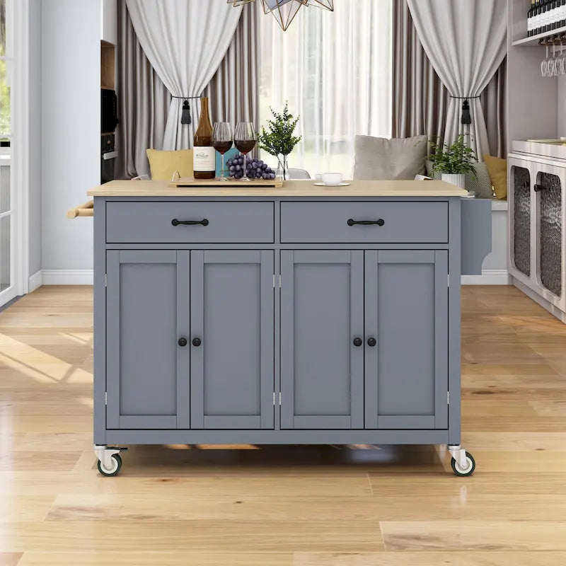 Essential MDF Kitchen Island Cart with Solid Wood Top, Locking Wheels, and Spice Rack