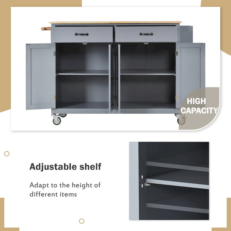 Essential MDF Kitchen Island Cart with Solid Wood Top, Locking Wheels, and Spice Rack