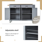 Carrello isola da cucina essenziale in MDF con piano in legno massello, ruote bloccabili e portaspezie