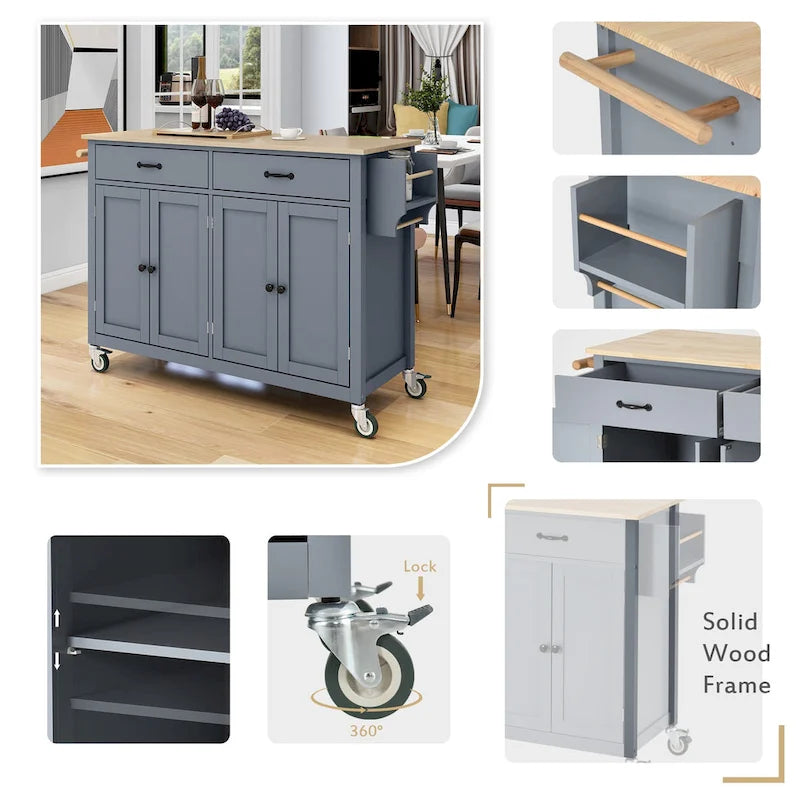 Essential MDF Kitchen Island Cart with Solid Wood Top, Locking Wheels, and Spice Rack