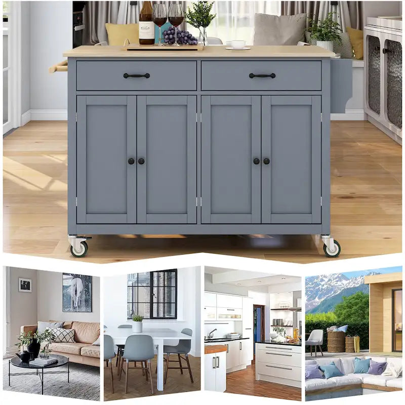 Essential MDF Kitchen Island Cart with Solid Wood Top, Locking Wheels, and Spice Rack