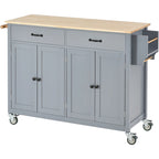 Carrello isola da cucina essenziale in MDF con piano in legno massello, ruote bloccabili e portaspezie