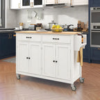 Carrello isola da cucina essenziale in MDF con piano in legno massello, ruote bloccabili e portaspezie