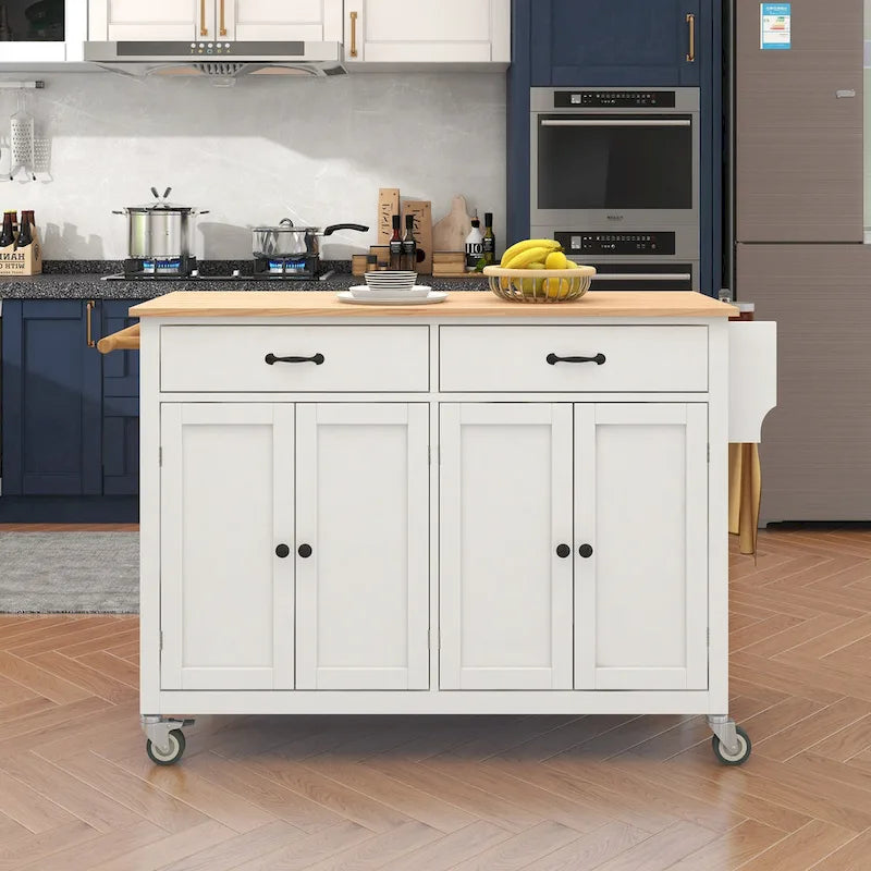 Essential MDF Kitchen Island Cart with Solid Wood Top, Locking Wheels, and Spice Rack