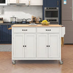 Carrello isola da cucina essenziale in MDF con piano in legno massello, ruote bloccabili e portaspezie