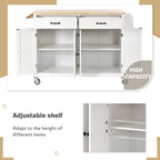 Carrello isola da cucina essenziale in MDF con piano in legno massello, ruote bloccabili e portaspezie