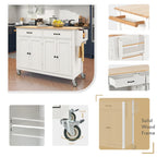 Carrello isola da cucina essenziale in MDF con piano in legno massello, ruote bloccabili e portaspezie