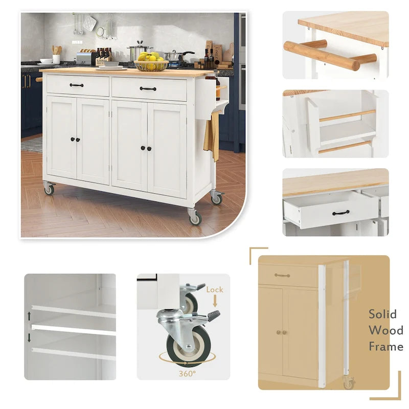 Essential MDF Kitchen Island Cart with Solid Wood Top, Locking Wheels, and Spice Rack
