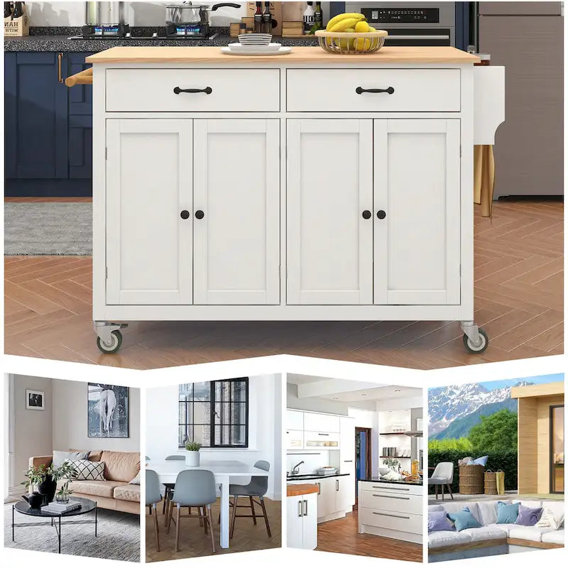 Essential MDF Kitchen Island Cart with Solid Wood Top, Locking Wheels, and Spice Rack