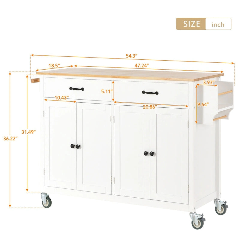 Essential MDF Kitchen Island Cart with Solid Wood Top, Locking Wheels, and Spice Rack