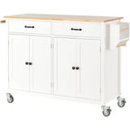 Carrello isola da cucina essenziale in MDF con piano in legno massello, ruote bloccabili e portaspezie
