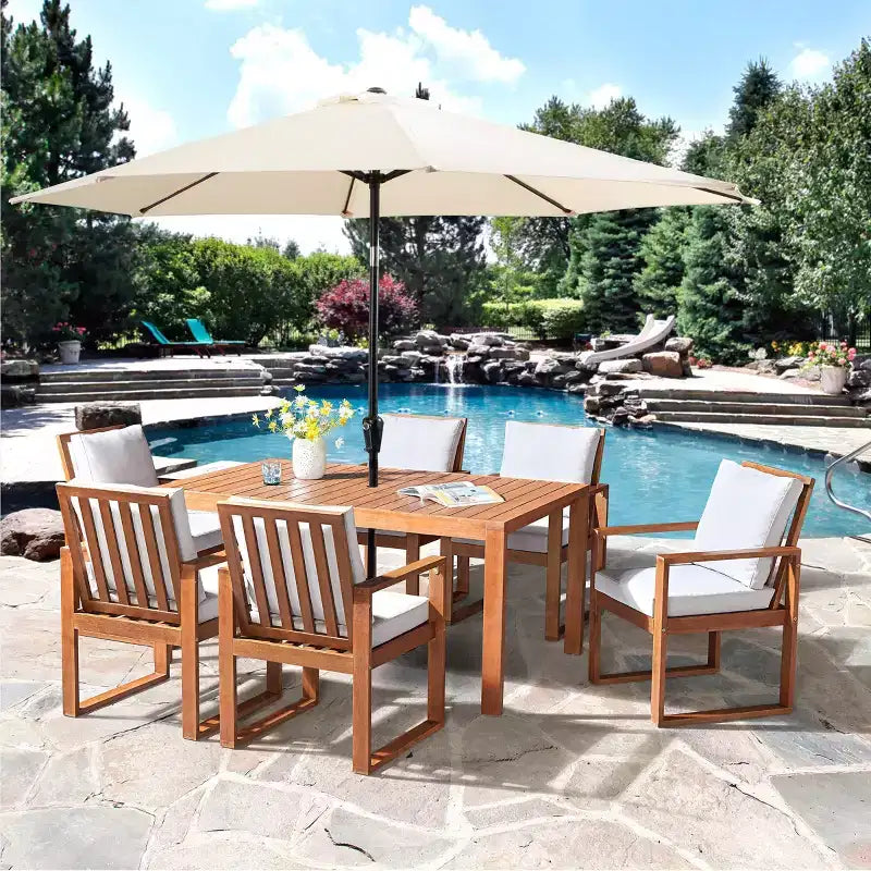 Alaterre Furniture 8pc Outdoor Patio Dining Set, Weston Table with 10' Auto Tilt Umbrella