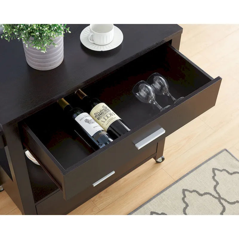 Modern 2-Drawer Caster Serving Cart with Towel Bar