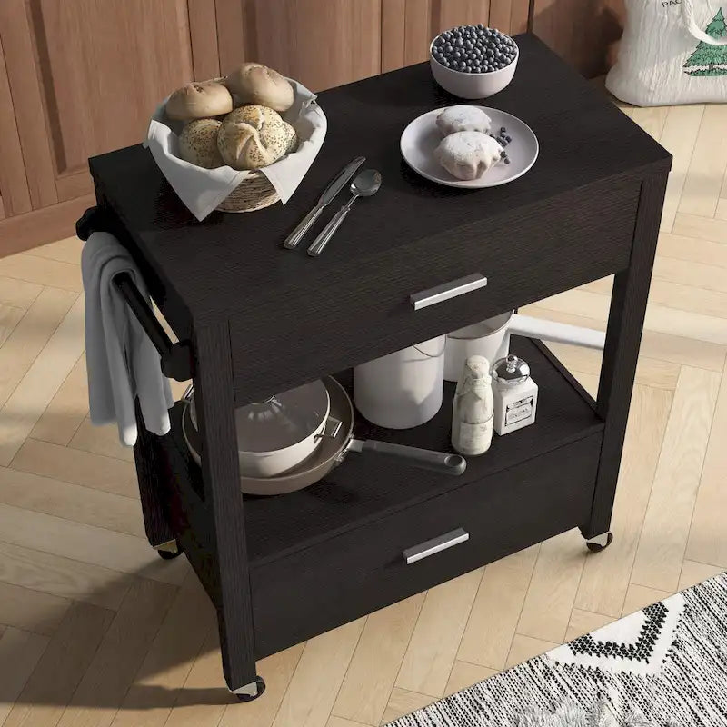 Modern 2-Drawer Caster Serving Cart with Towel Bar