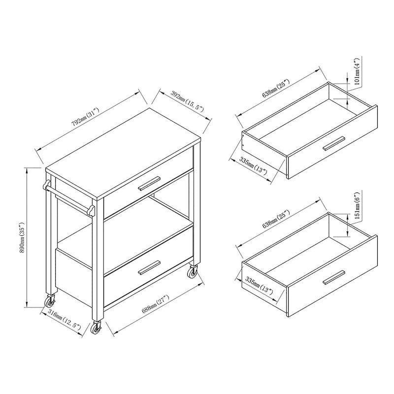 Modern 2-Drawer Caster Serving Cart with Towel Bar