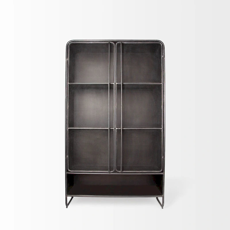 Dark Brown Polished Metal w/ Mesh Doors Display Cabinet