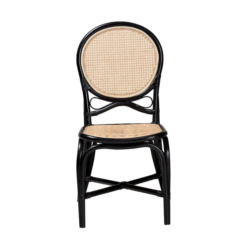 Mid-Century Modern Two-Tone Black and Natural Brown Rattan Dining Chair