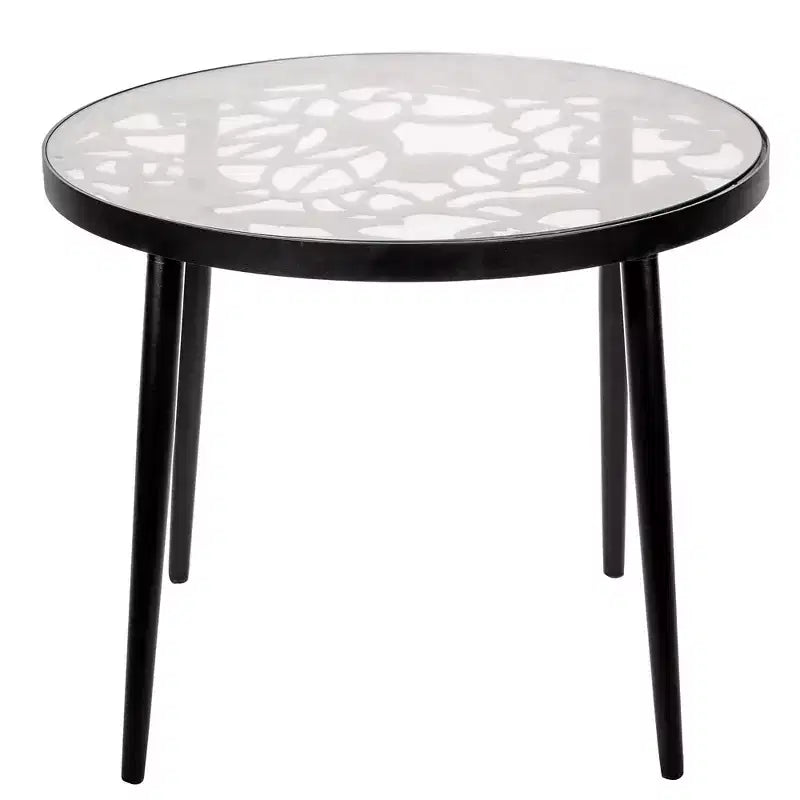 LeisureMod Devon 3-Piece Aluminum Outdoor Patio Dining Set with Tempered Glass Top Table and 2 Stackable Flower Design Chairs