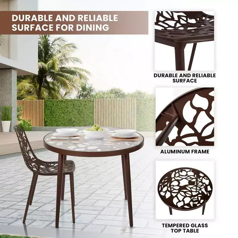 LeisureMod Devon 3-Piece Aluminum Outdoor Patio Dining Set with Tempered Glass Top Table and 2 Stackable Flower Design Chairs