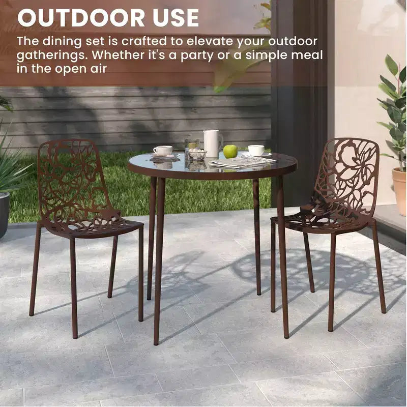 LeisureMod Devon 3-Piece Aluminum Outdoor Patio Dining Set with Tempered Glass Top Table and 2 Stackable Flower Design Chairs