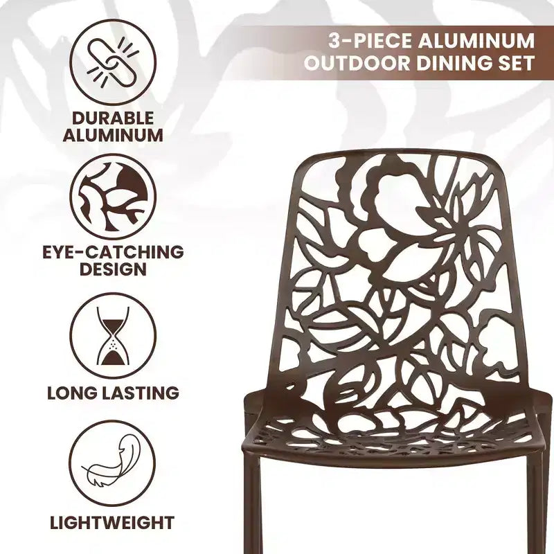 LeisureMod Devon 3-Piece Aluminum Outdoor Patio Dining Set with Tempered Glass Top Table and 2 Stackable Flower Design Chairs