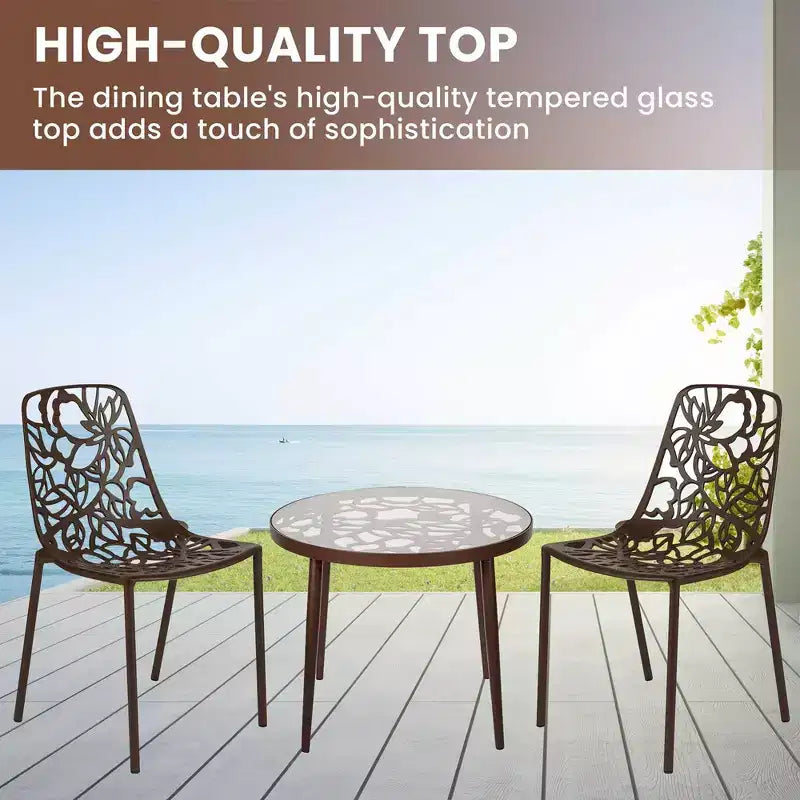 LeisureMod Devon 3-Piece Aluminum Outdoor Patio Dining Set with Tempered Glass Top Table and 2 Stackable Flower Design Chairs