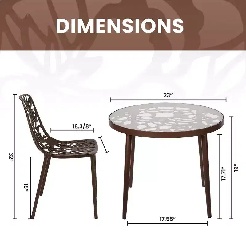 LeisureMod Devon 3-Piece Aluminum Outdoor Patio Dining Set with Tempered Glass Top Table and 2 Stackable Flower Design Chairs